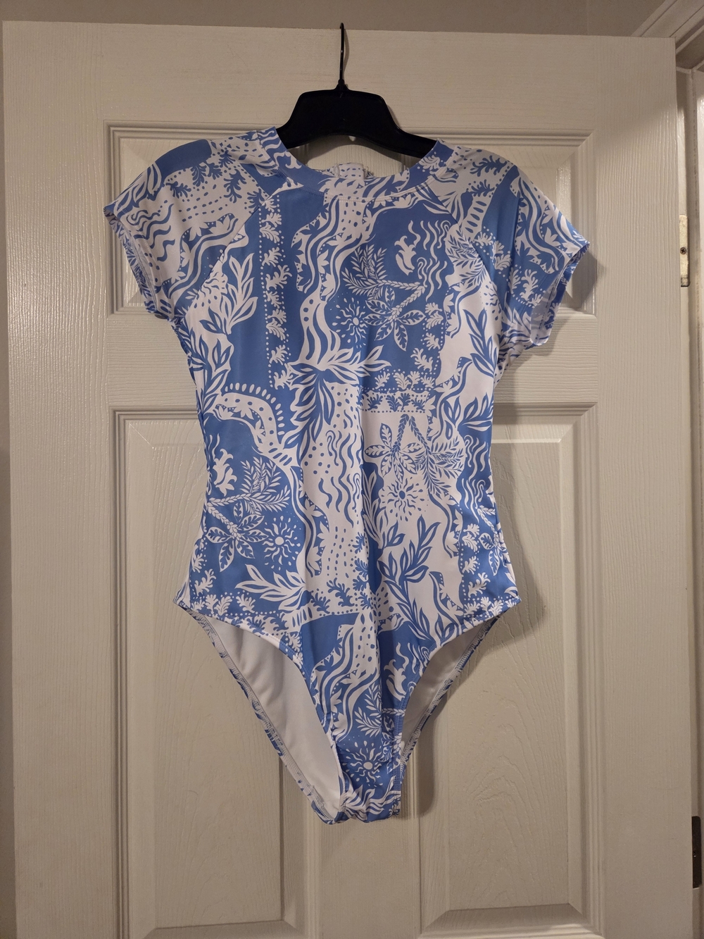 Classic Blue & White Short-Sleeve One-Piece Swimsuit